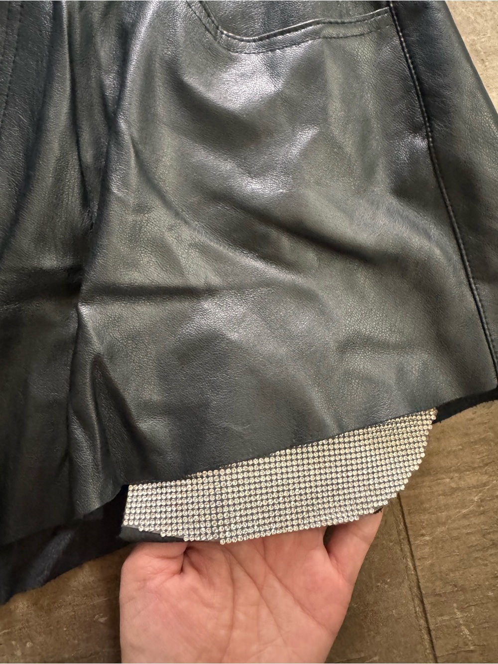 Hot & Delicious Black Faux Leather High-Waist Shorts with Rhinestone Hem, Sz L - Picture 3 of 8